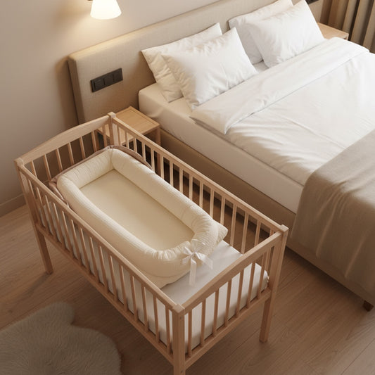 réducteur de lit beige uni de voyage CoconNid placé dans un berceau en bois dans une chambre apaisante en voyage à l'hôtel 