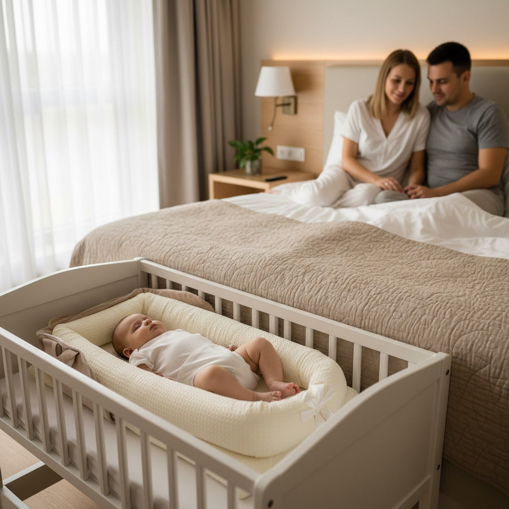 bebe dormant paisiblement dans un réducteur de lit beige uni CoconNid installé dans un lit cododo dans une chambre d’hôtel chaleureuse