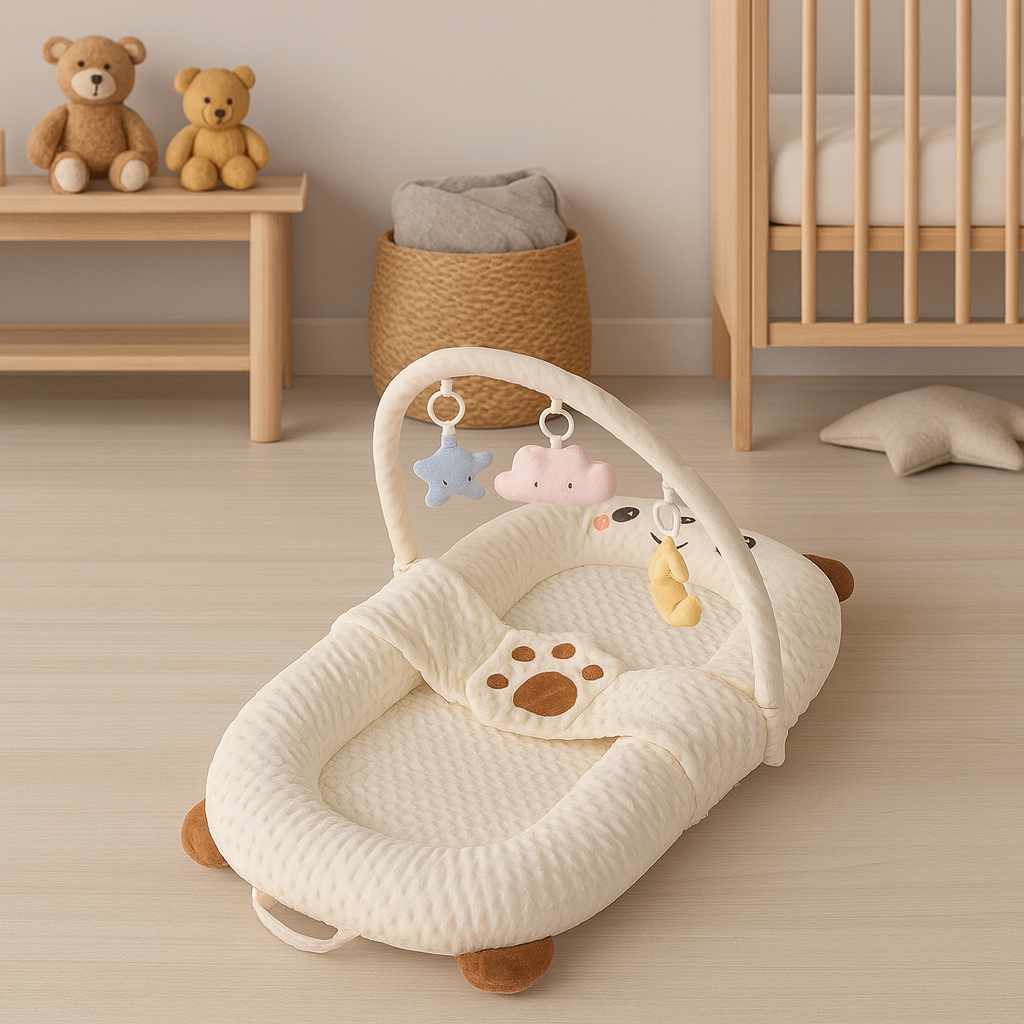 Réducteur de lit bébé FuzzyBear en minky dans une chambre scandinave, présenté en vue vitrine.