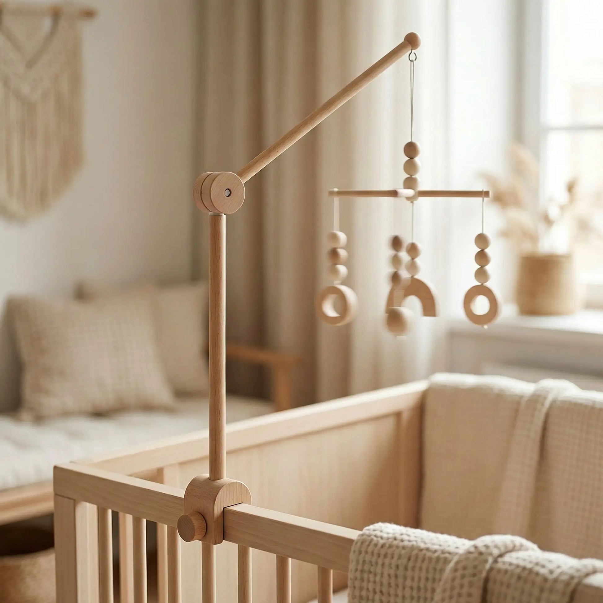 support mobile bébé en bois PtiFix avec pince compacte installé sur le berceau de bébé