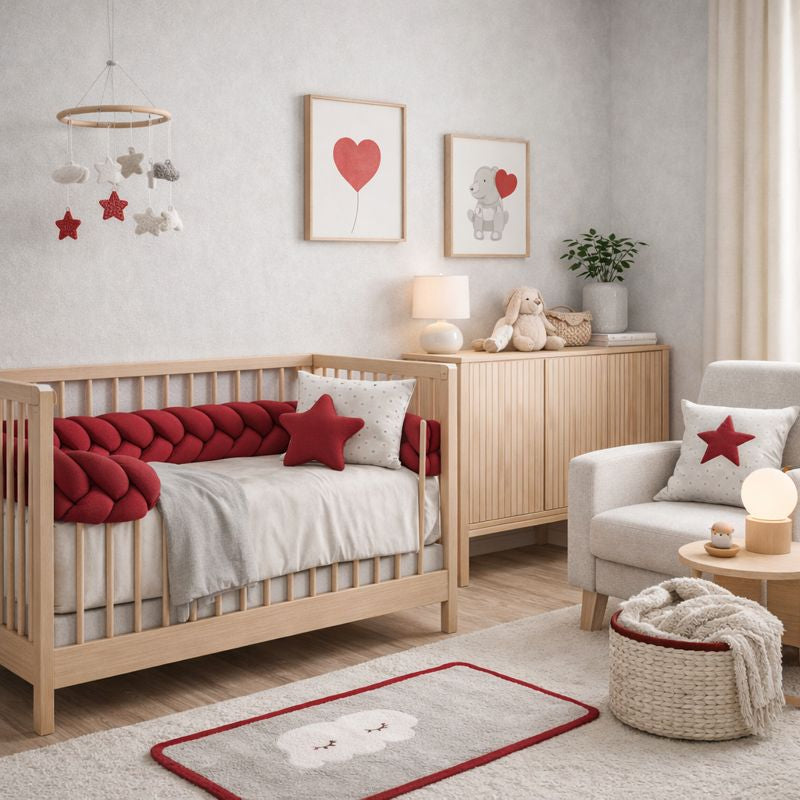 Tresse de lit 3 brins rouge Rubisou dans chambre bébé gris clair et beige