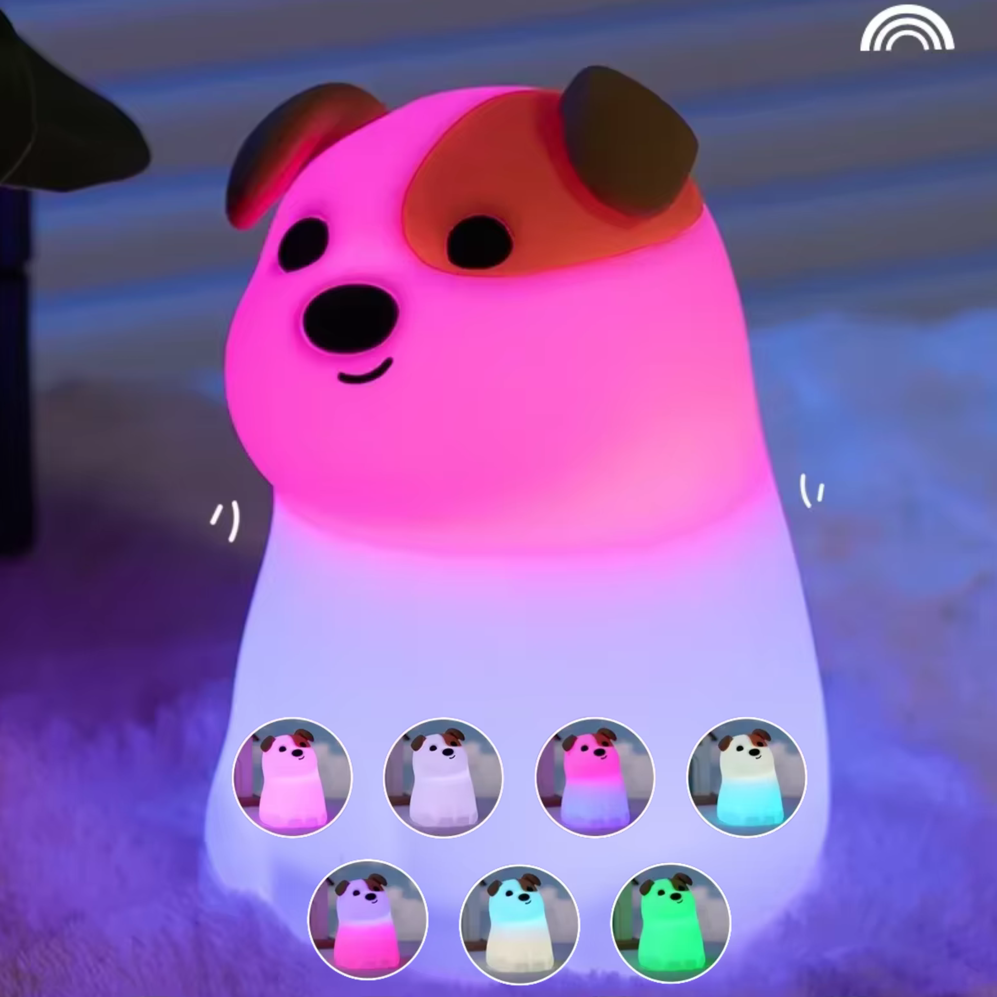 Veilleuse bébé en forme de chien affichant différents modes de couleurs lumineux, présentée avec plusieurs variations RVB.