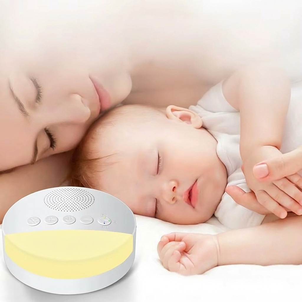 Veilleuse bruit blanc bébé posée près d’un bébé endormi contre sa maman, créant une ambiance apaisante pour le sommeil