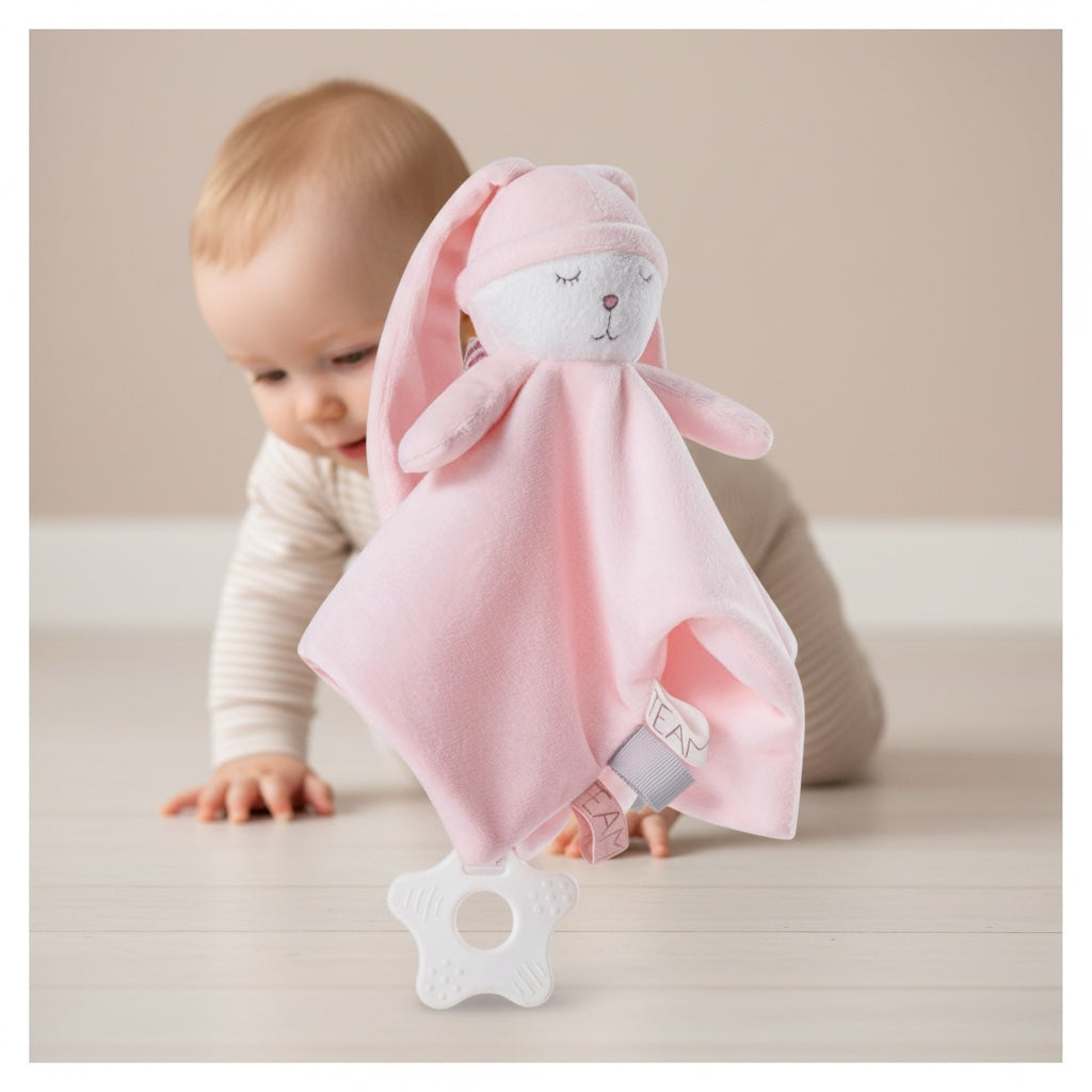 Bébé à quatre pattes tendant la main vers le doudou bébé PlushyDream™ rose, debout au premier plan avec anneau de dentition blanc, dans une ambiance douce et scandinave