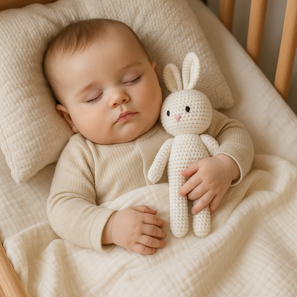 Bébé endormi dans son berceau serrant le doudou lapin blanc Calimail™, scène douce et apaisante.